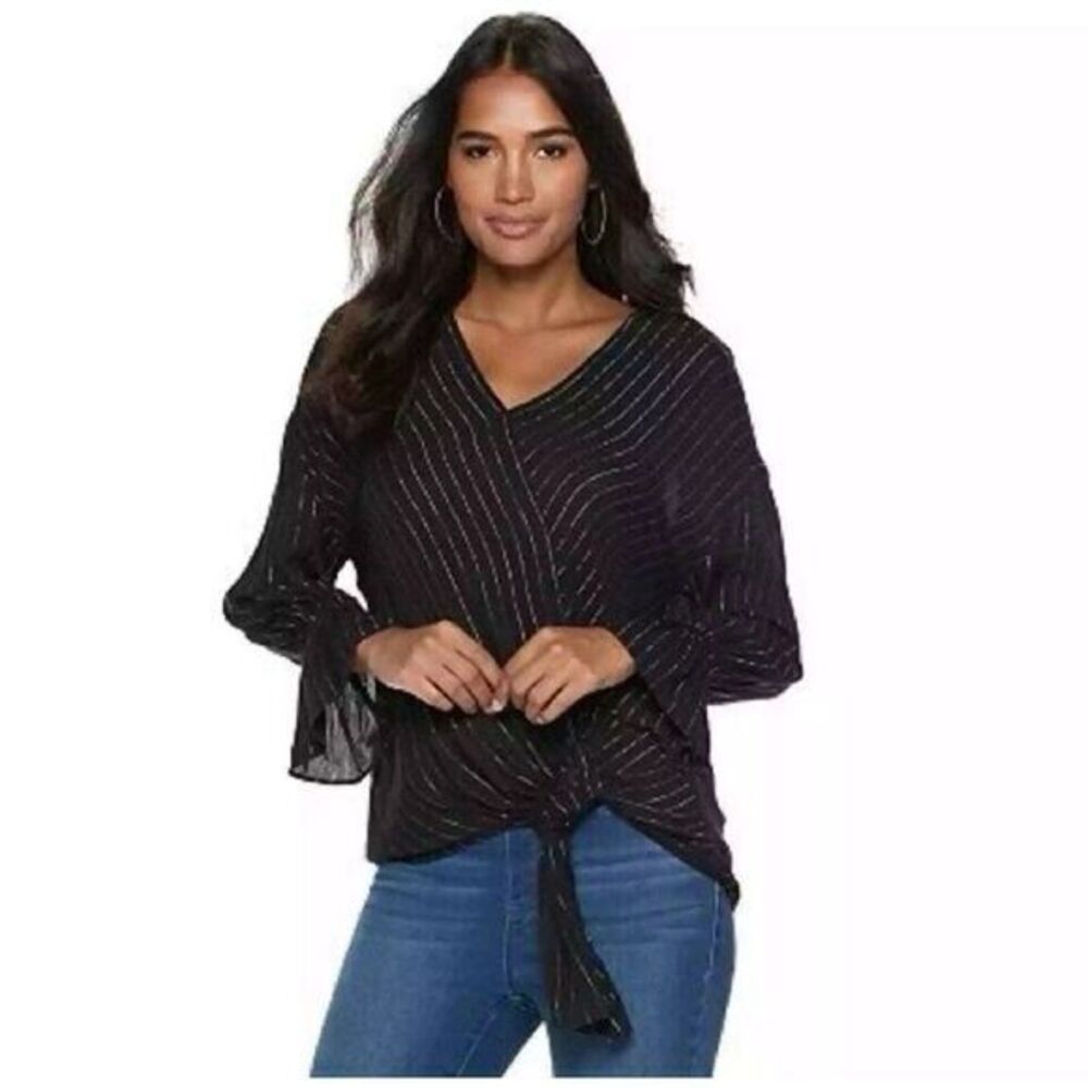 Juicy Couture Top‎ Black Silver Metallic Stripe Knot Flare Sleeve Blouse M Shirt